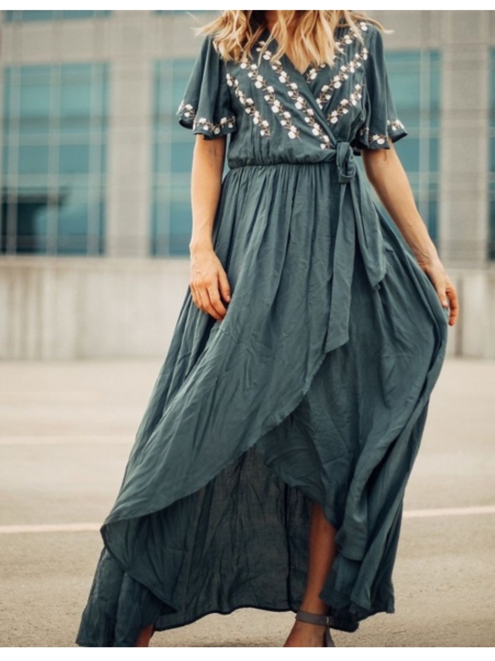 Teal Wrap Maxi Dress with Floral Embroidery